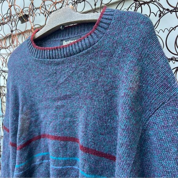Vintage 80s 90s Jantzen dark blue maroon stripe moody sweater LARGE - Picture 3 of 4
